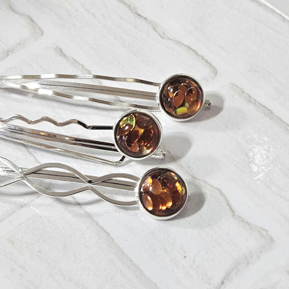 Silver Bobby Pin Set of 3, iridescent Cabochon Hair Pins, Minimal Hair Accessories