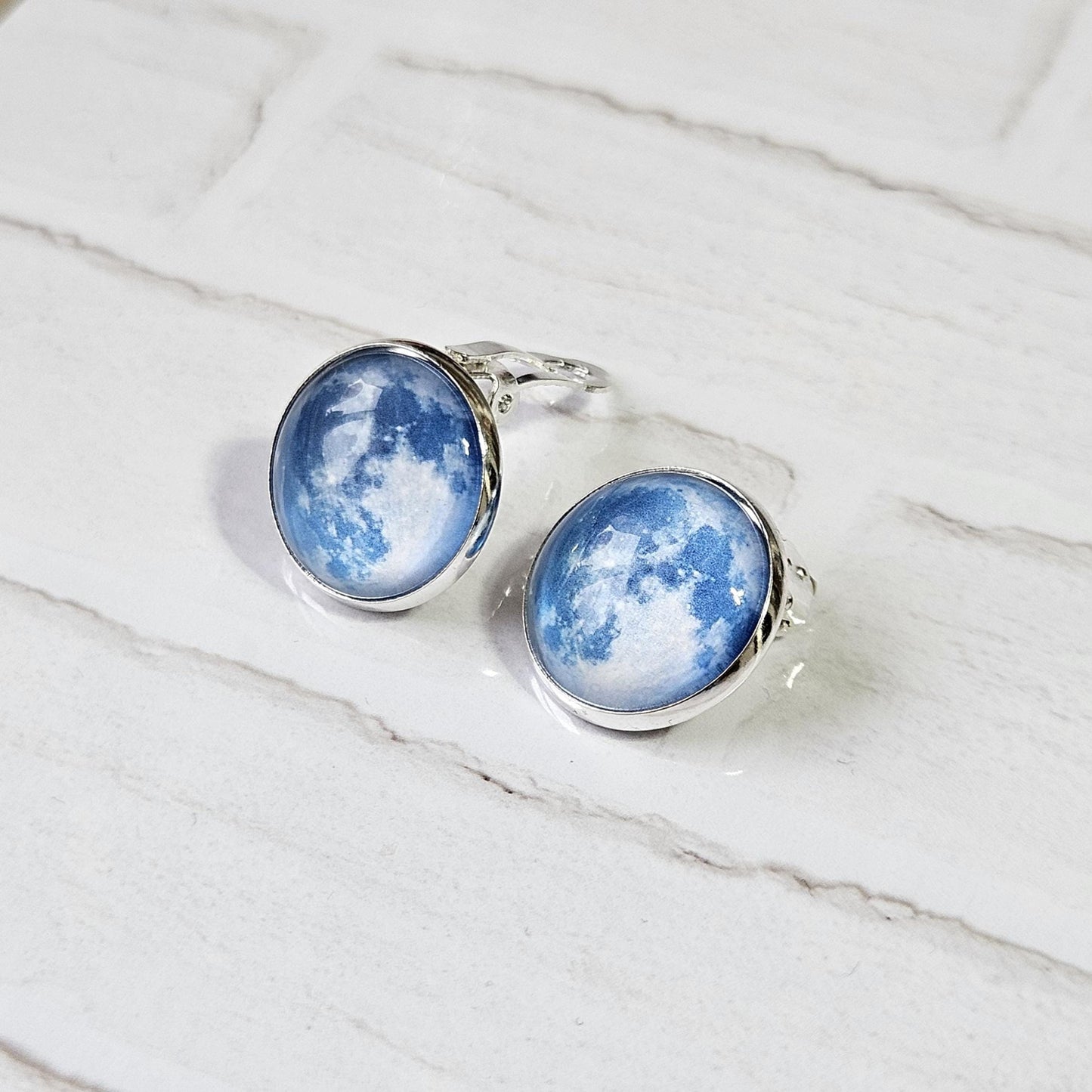 Realistic Full Moon Clip On Earrings, Silver Hinged Back Studs, Comfortable Firm Fit No Pierce Jewelry, Celestial Lunar Gift for Space Lover