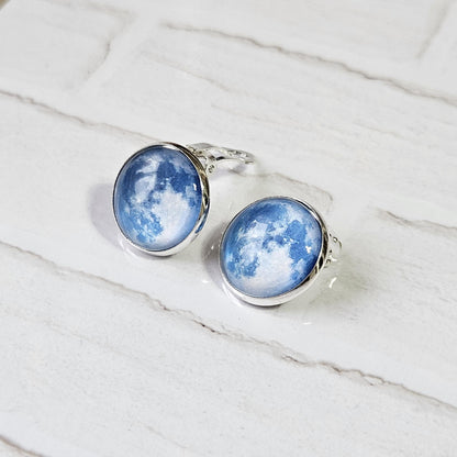 Realistic Full Moon Clip On Earrings, Silver Hinged Back Studs, Comfortable Firm Fit No Pierce Jewelry, Celestial Lunar Gift for Space Lover
