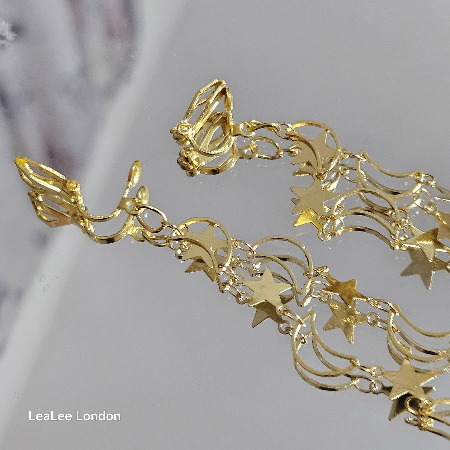 Celestial Clip On Earrings, Moon and Star Dangle, No Pierce