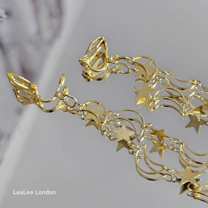 Celestial Clip On Earrings, Moon and Star Dangle, No Pierce
