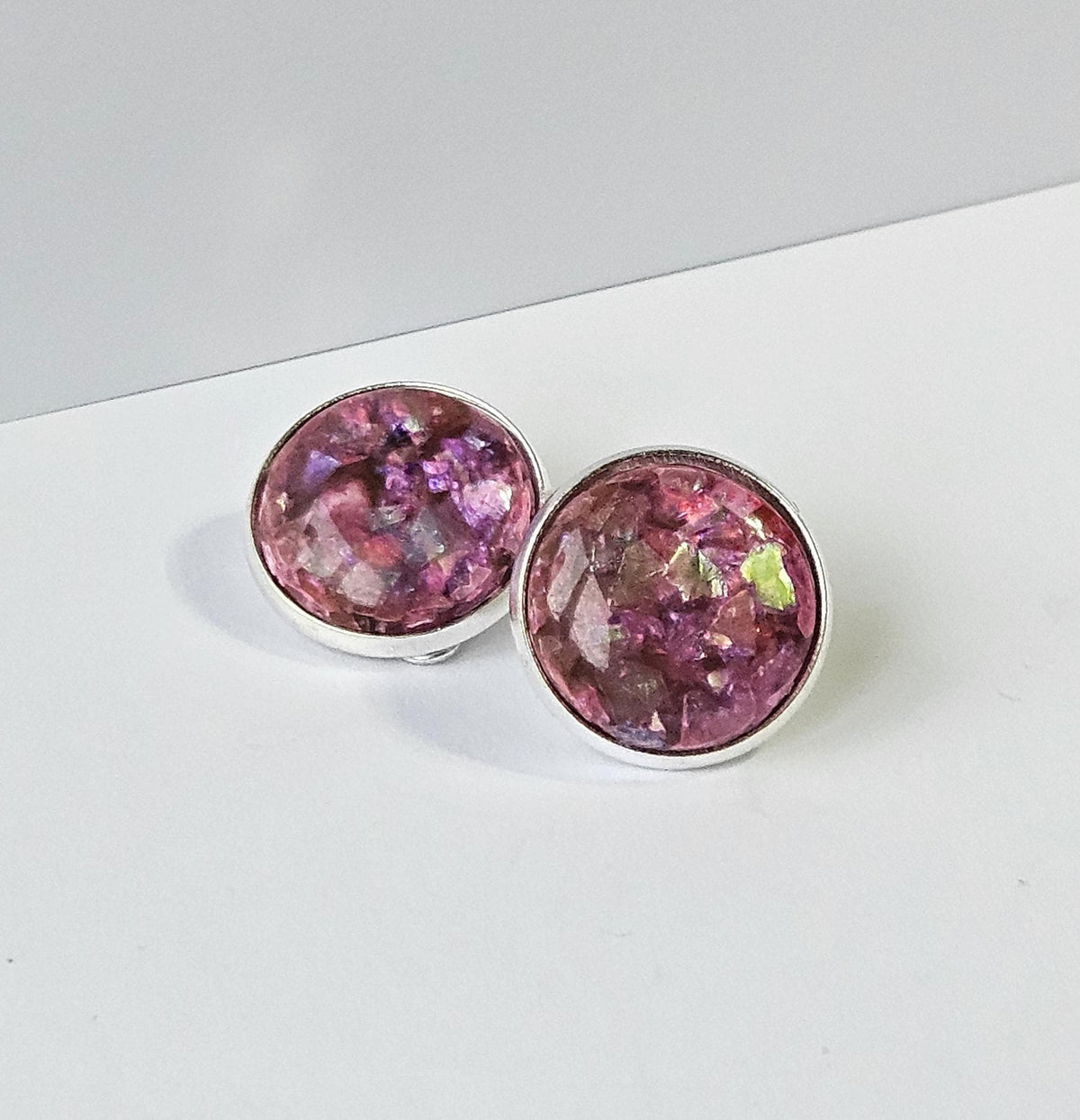 Iridescent Cabochon Clip-On Earrings in Silver Tone