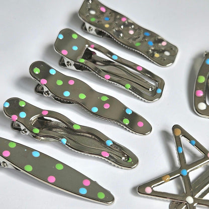 Polka Dot Snap Hair Clips | Set of 7 | Mixed Styles & Sizes | Lightweight Hair Clips for Women & Girls | Silver Tone