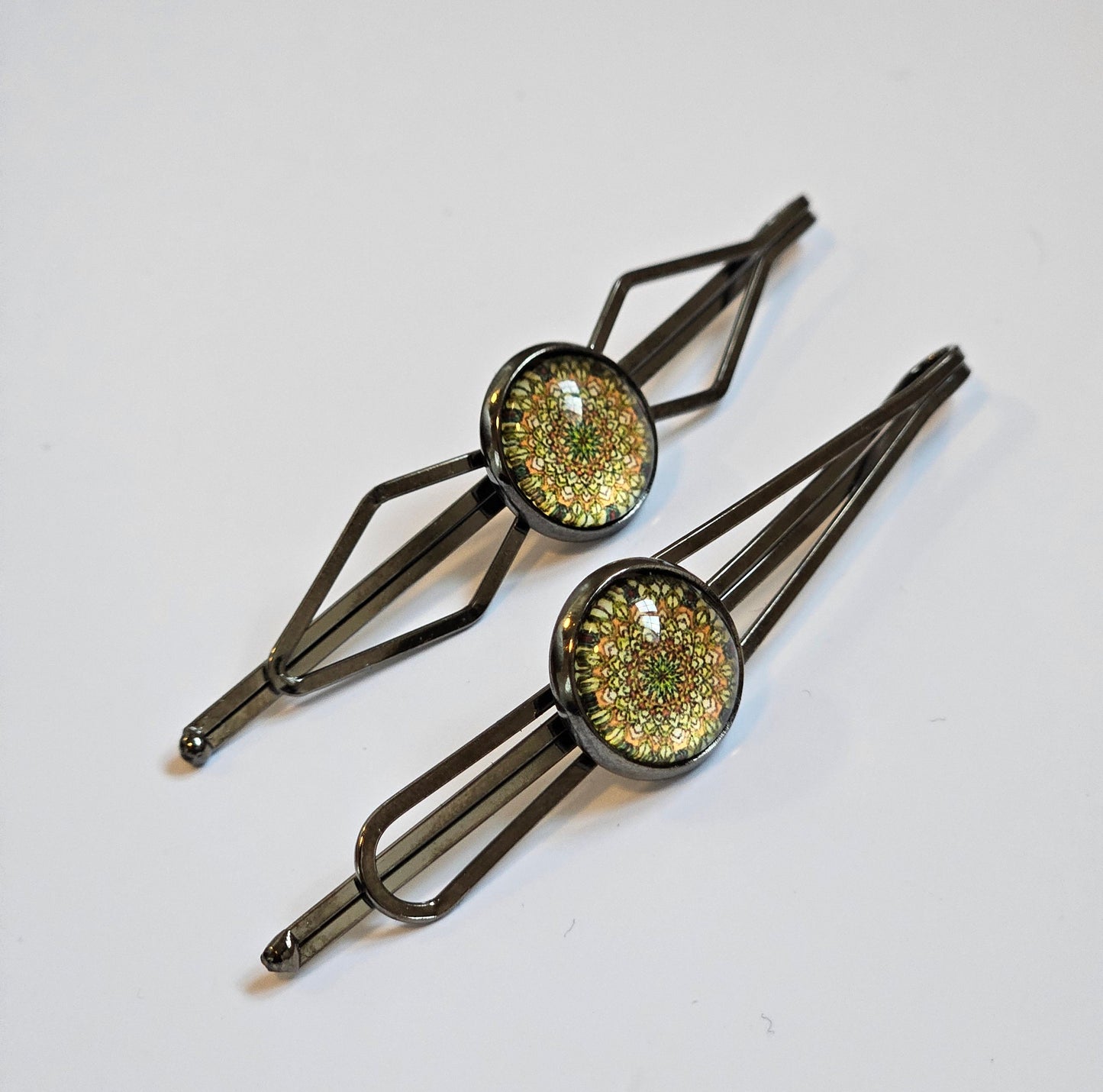 Black Bobby Pins Set of 2, Handmade Boho Mandala Cabochon Hair Clips, Statement Hair Accessories
