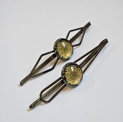 Black Bobby Pins Set of 2, Handmade Boho Mandala Cabochon Hair Clips, Statement Hair Accessories