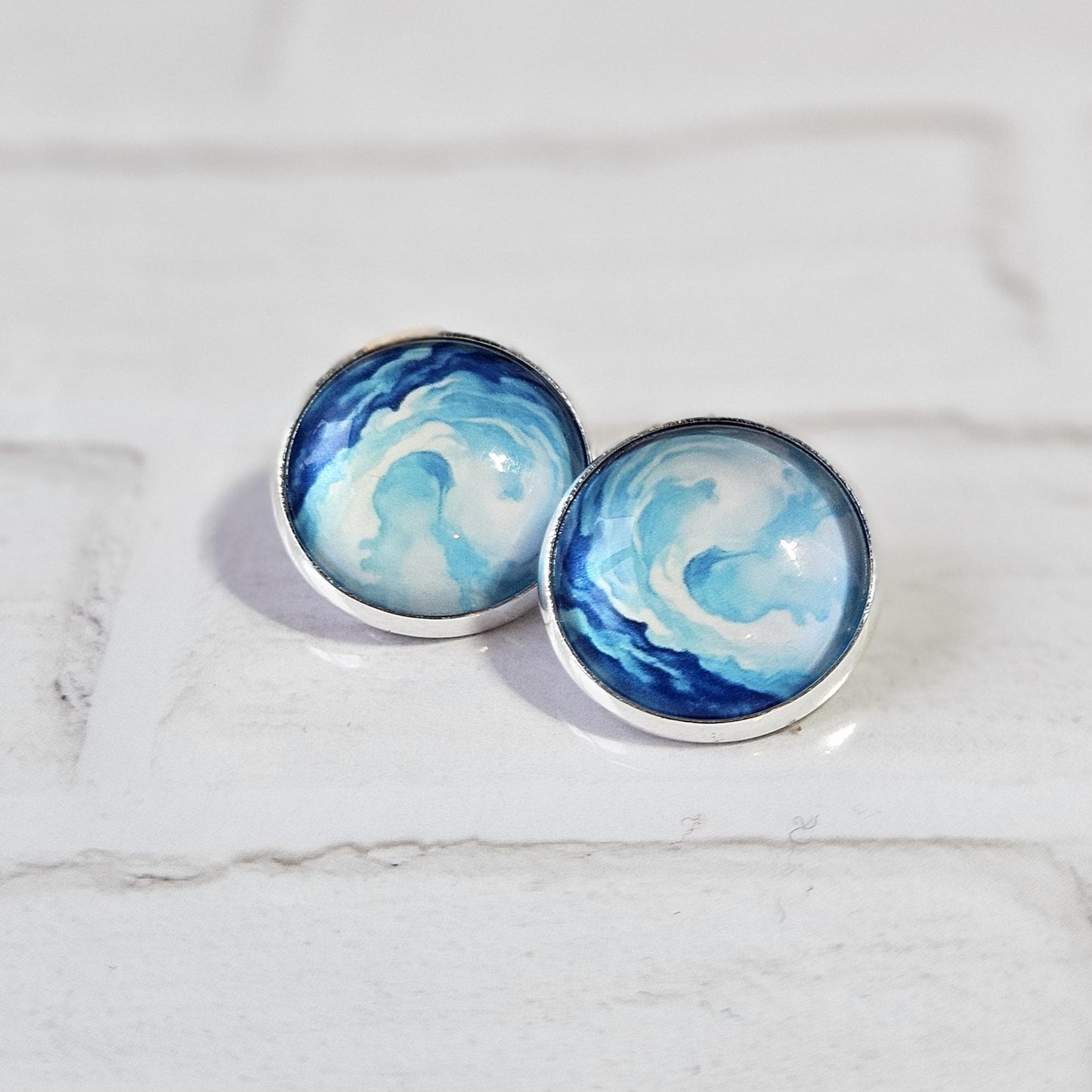 Blue Watercolour Clip On Earrings, Non Piercing Hinged Back Earrings, Handmade Cabochon Stud Earring, Lightweight Statement  Jewellery