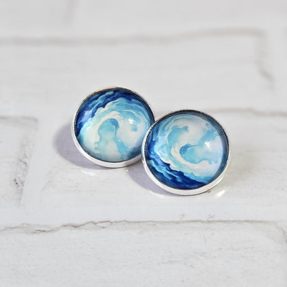 Blue Watercolour Clip On Earrings, Non Piercing Hinged Back Earrings, Handmade Cabochon Stud Earring, Lightweight Statement  Jewellery