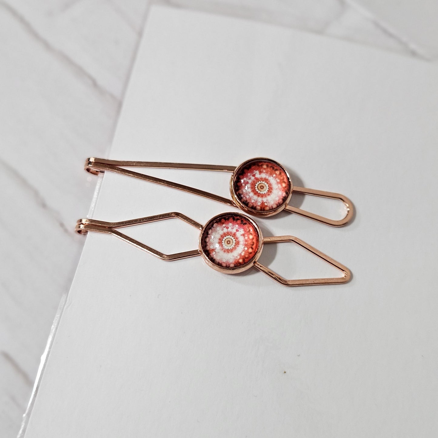 Rose Gold Bobby Pin, Geometric Hair Clip, Handmade Red Cabochon Hair Pin, Minimal Hair