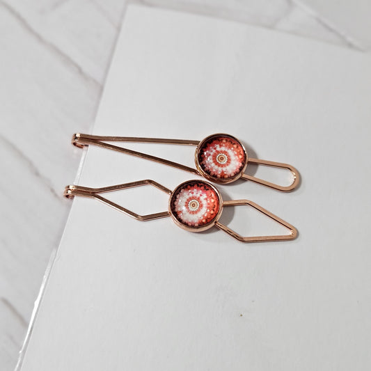 Rose Gold Bobby Pin, Geometric Hair Clip, Handmade Red Cabochon Hair Pin, Minimal Hair