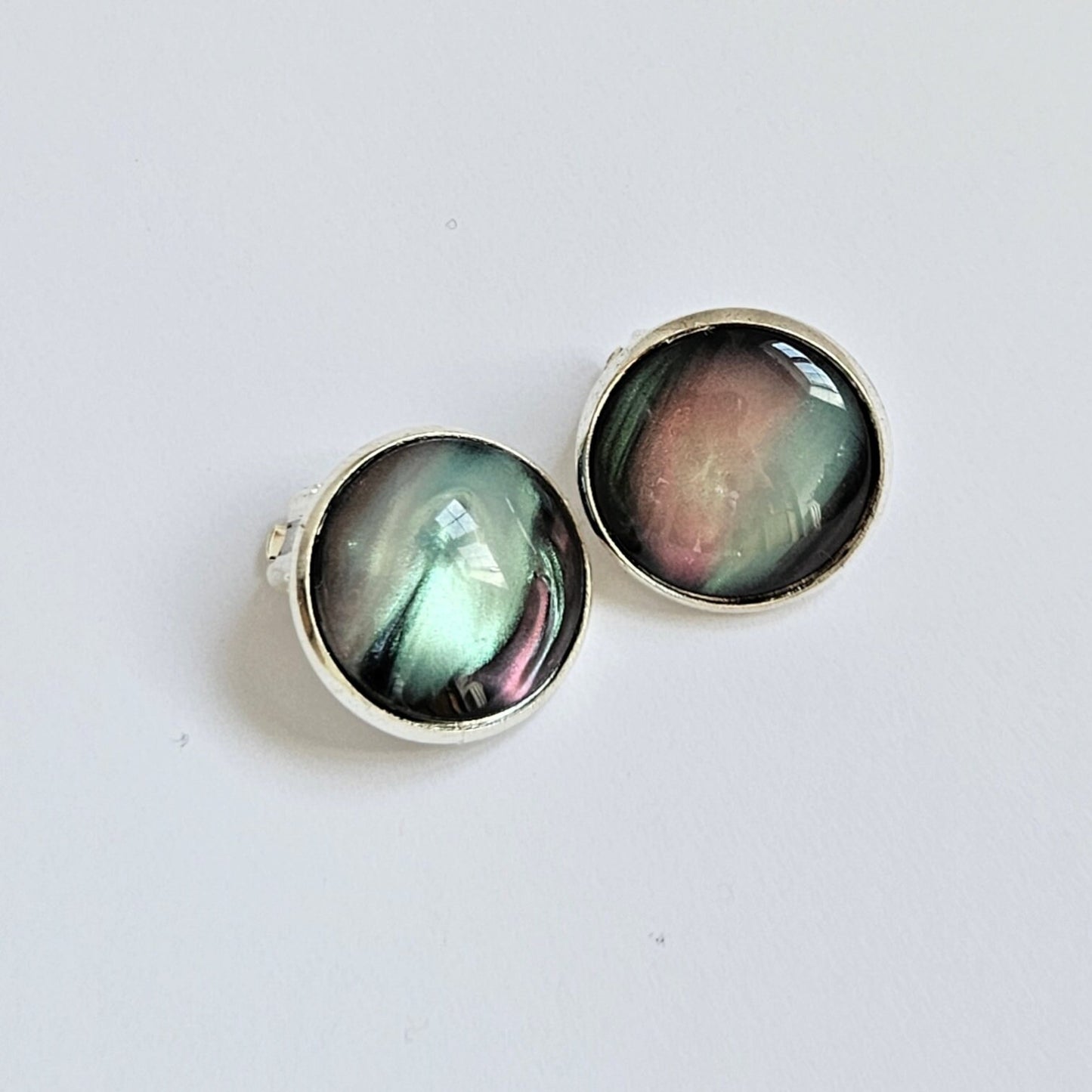 Black Aurora Clip-On Earrings | Handmade 16mm Cabochon | Non-Pierced Statement Earrings | Silver Tone