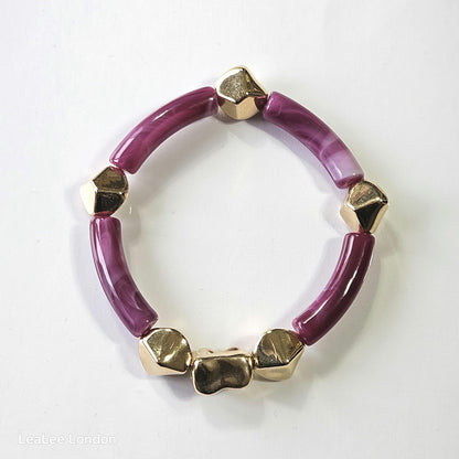 Elastic beaded bangle Bracelet, 2 set Gold detail Bracelet for women, Purple pink and gold bracelet set