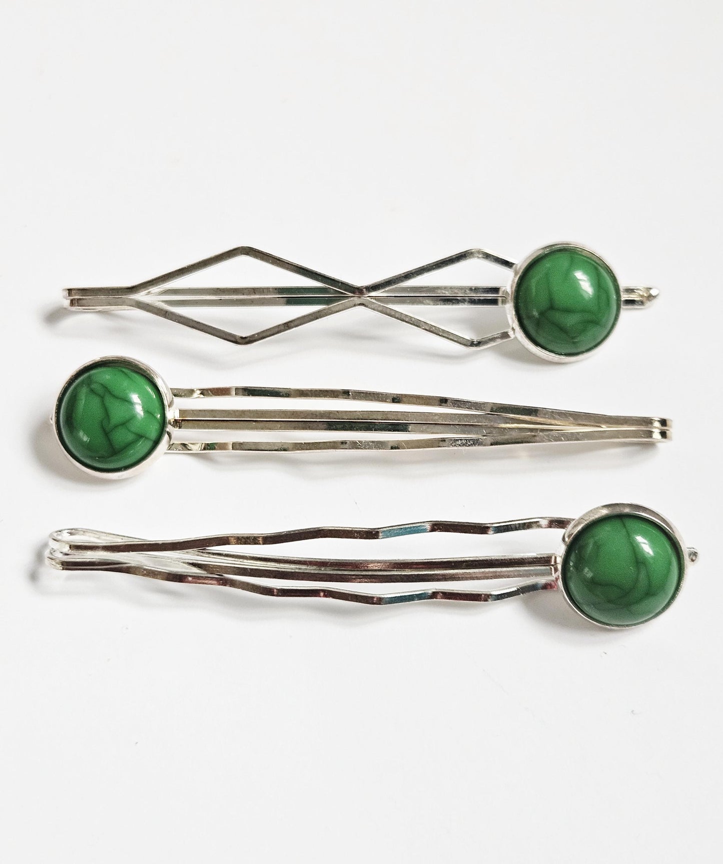 Dark Green Cabochon Bobby Pins: Silver Hair Slides, Women's Hair Accessories