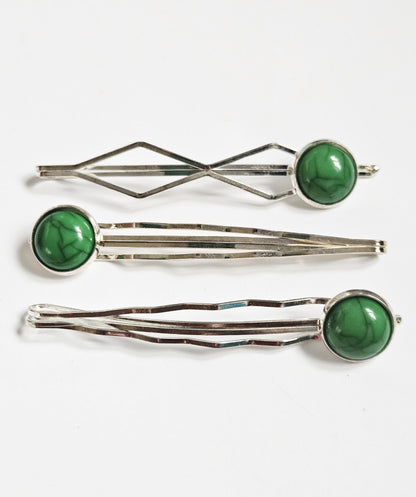 Dark Green Cabochon Bobby Pins: Silver Hair Slides, Women's Hair Accessories
