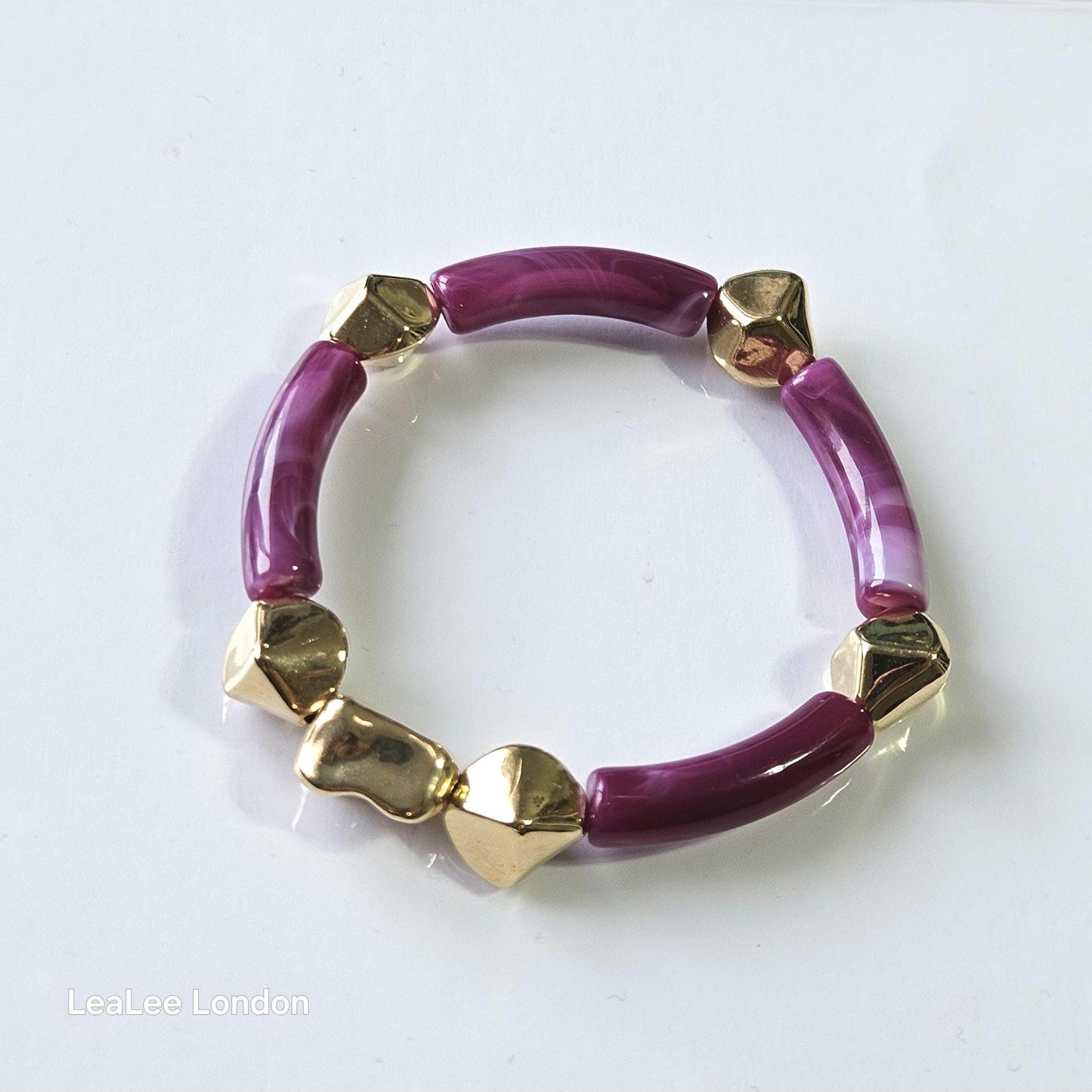 Elastic beaded bangle Bracelet, 2 set Gold detail Bracelet for women, Purple pink and gold bracelet set