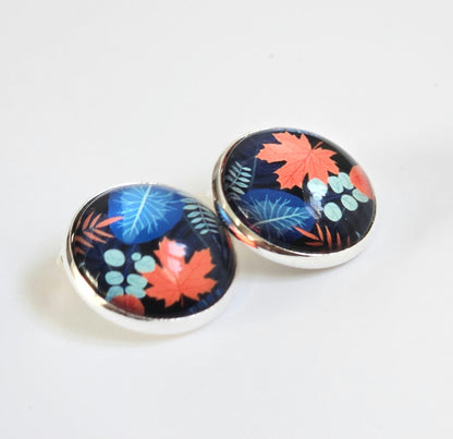 Blue Floral Clip On Earrings: Silver Tone, Non Piercing Stud Clip-ons, Hinged back fastening earrings