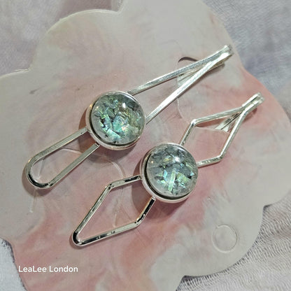 Iridescent Cabochon Hair Slides: Silver Hair Pins (Set of 2)