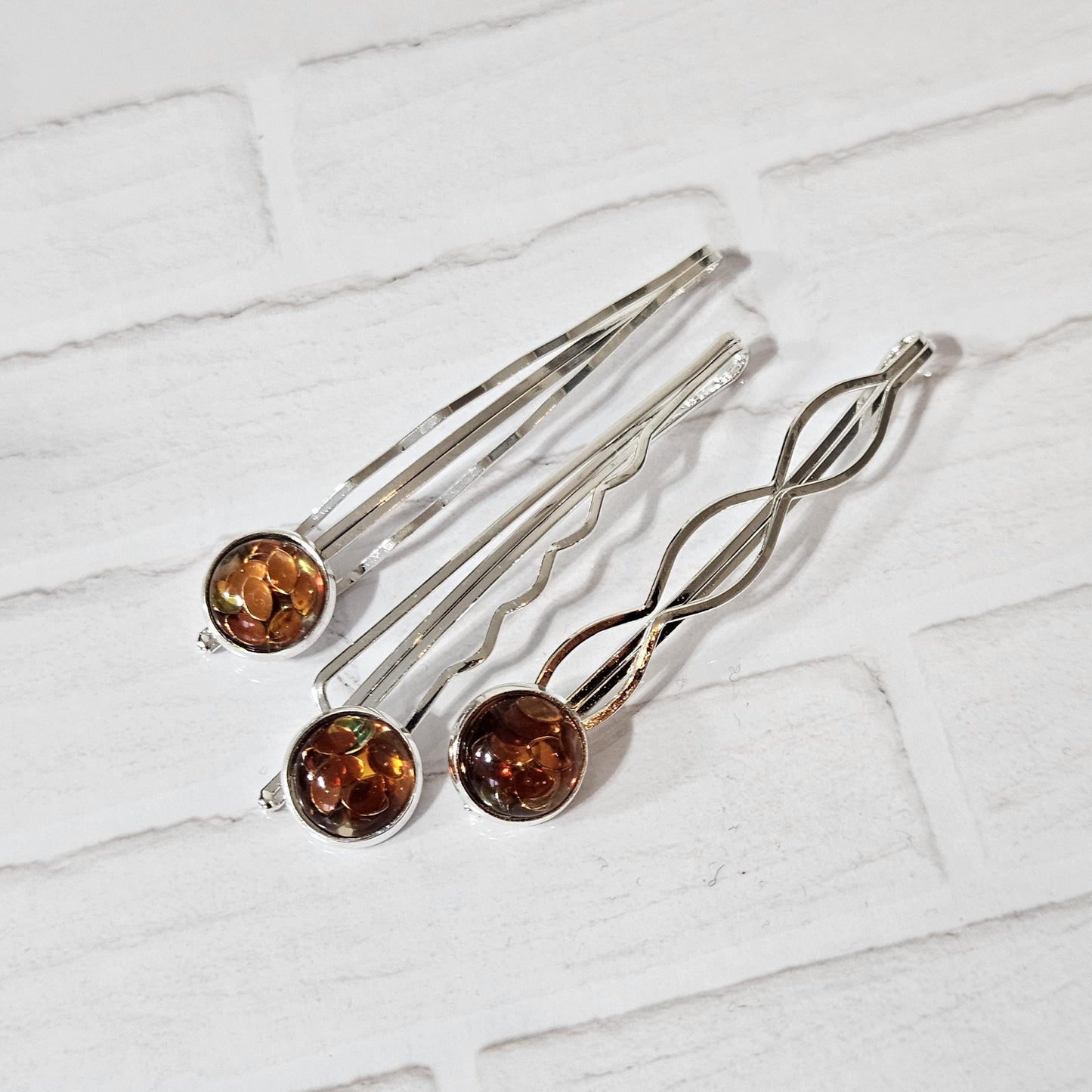 Silver Bobby Pin Set of 3, iridescent Cabochon Hair Pins, Minimal Hair Accessories