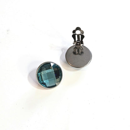 Sapphire Blue Glass Clip-On Earrings in Dark Silver Tone