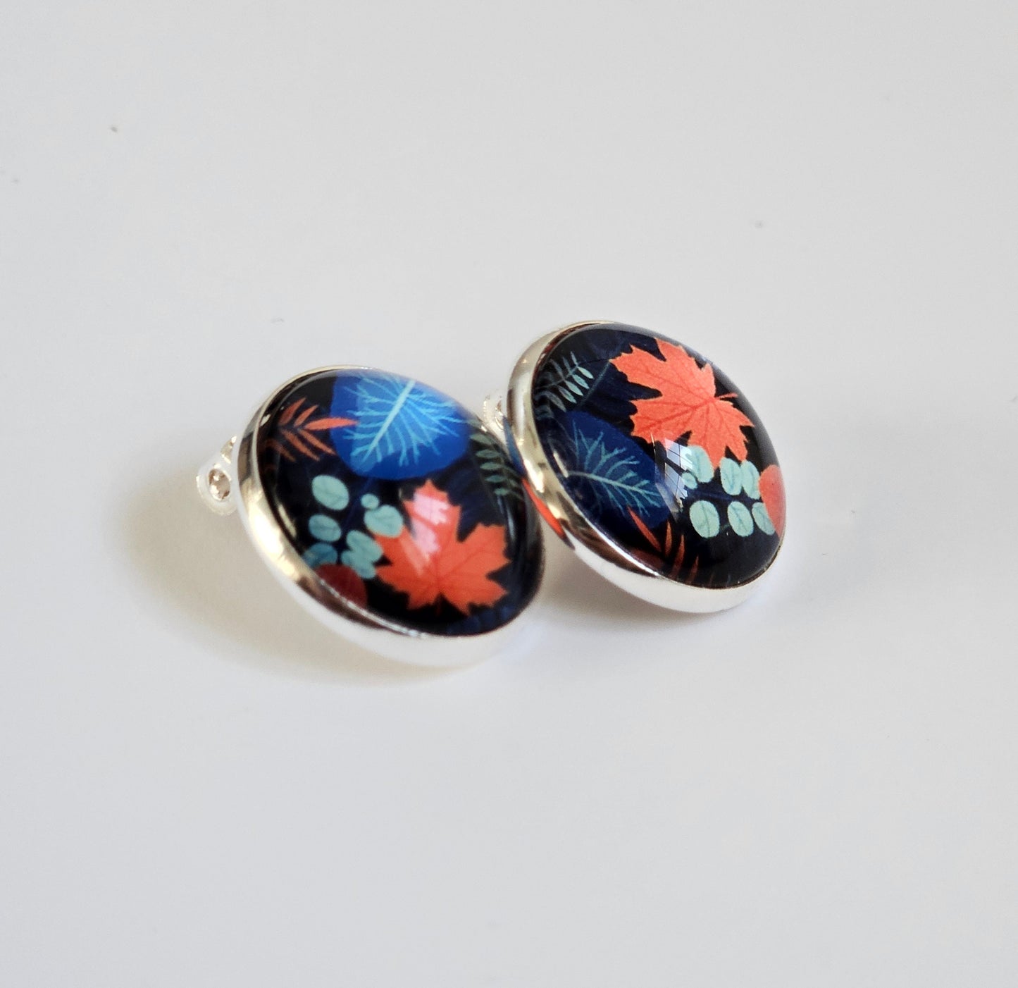 Blue Floral Clip On Earrings: Silver Tone, Non Piercing Stud Clip-ons, Hinged back fastening earrings