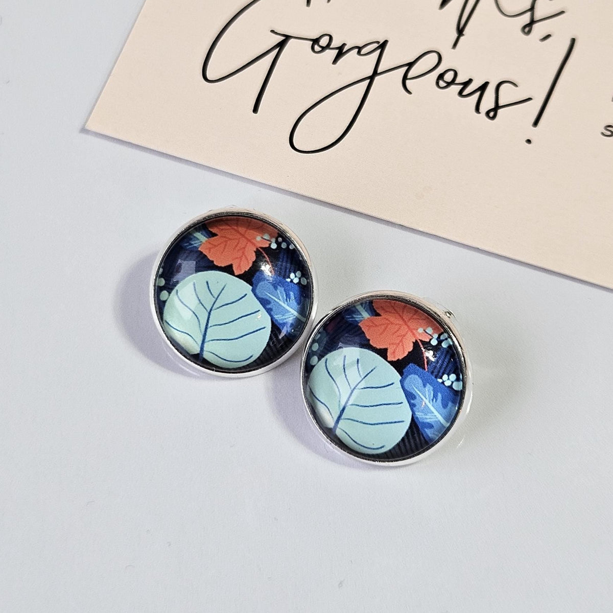 Blue Floral Clip-On Earrings | Silver Tone Cabochon, Non-Pierced