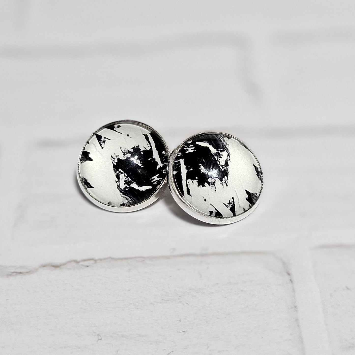 Silver Clip On Earrings: Retro Black & White Non Pierced Studs, Handmade Cabochon Non Piercing Jewellery