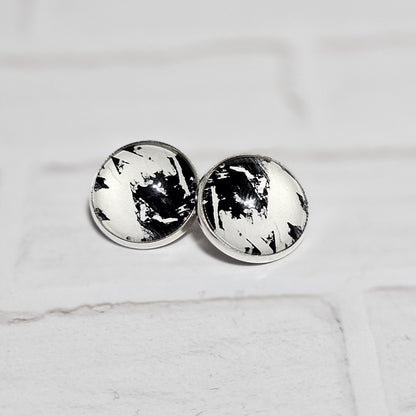 Silver Clip On Earrings: Retro Black & White Non Pierced Studs, Handmade Cabochon Non Piercing Jewellery
