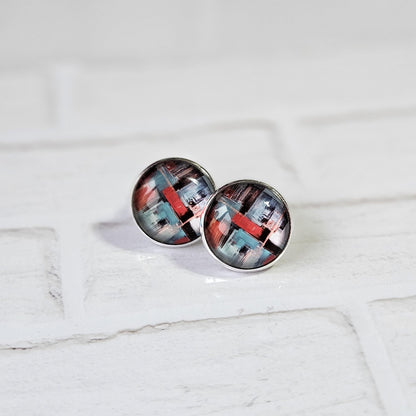 Red & Blue Abstract Paint Stroke Clip-On Earrings – 16mm Cabochon | Non-Pierced