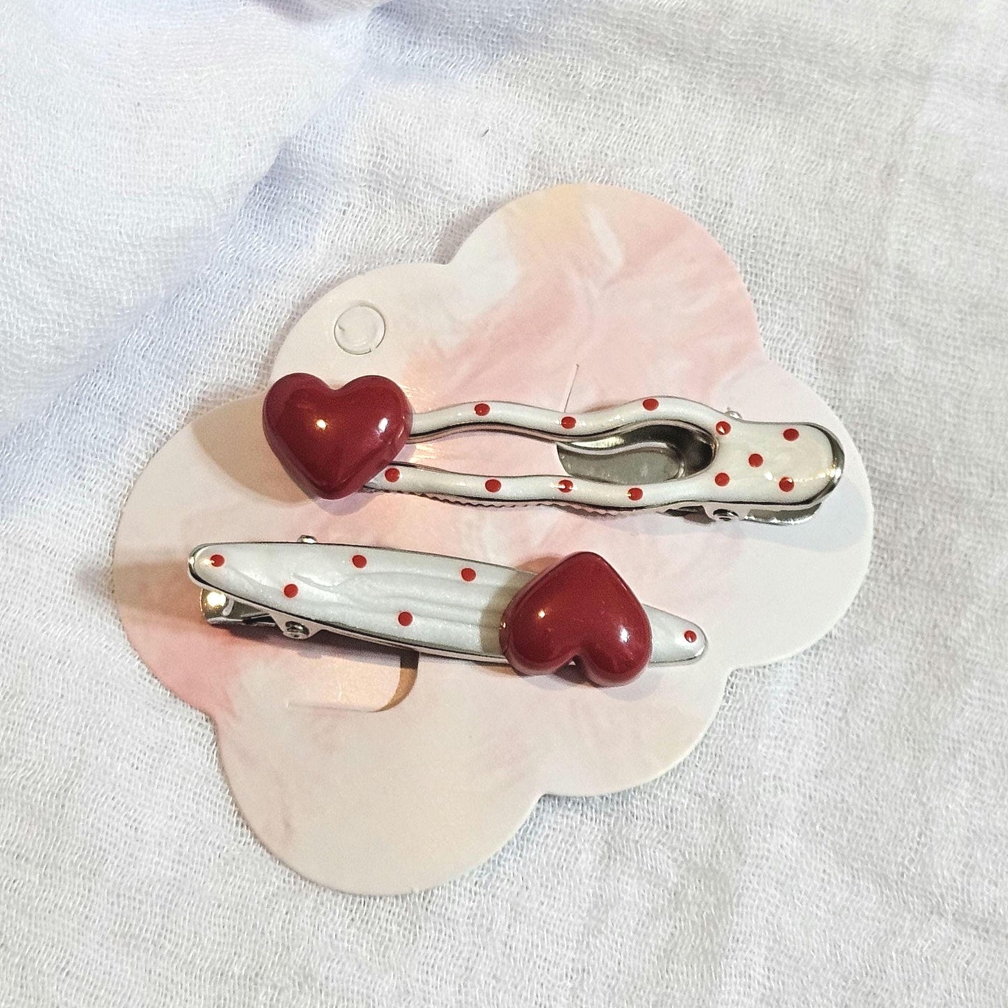 Red Polka Dot Heart Hair Clips: Silver Snap Clip Set
