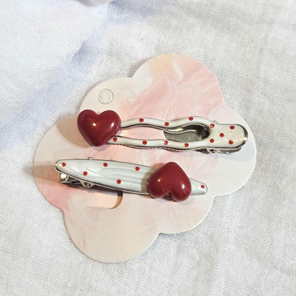 Red Polka Dot Heart Hair Clips: Silver Snap Clip Set