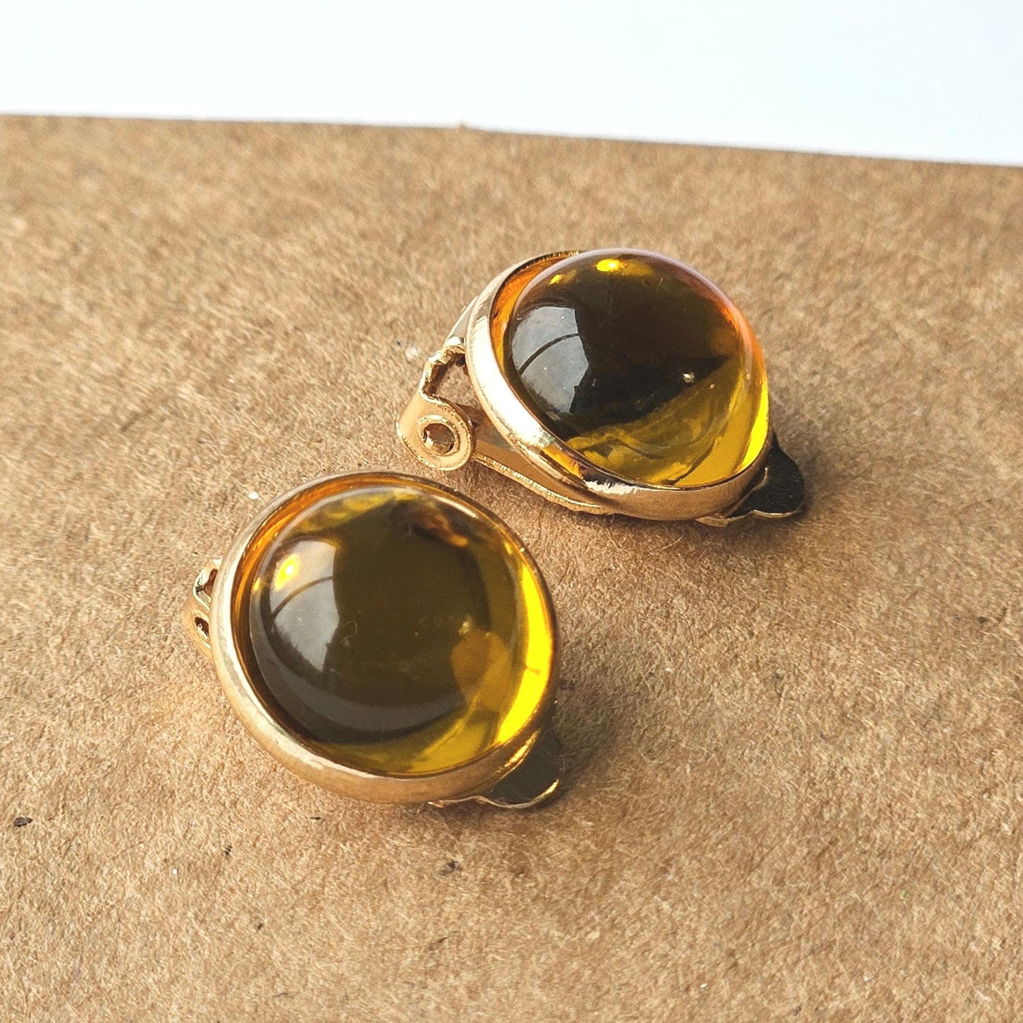 Yellow Resin Clip-On Earrings – 12mm Cabochon | Non-Pierced | Rose Gold Tone