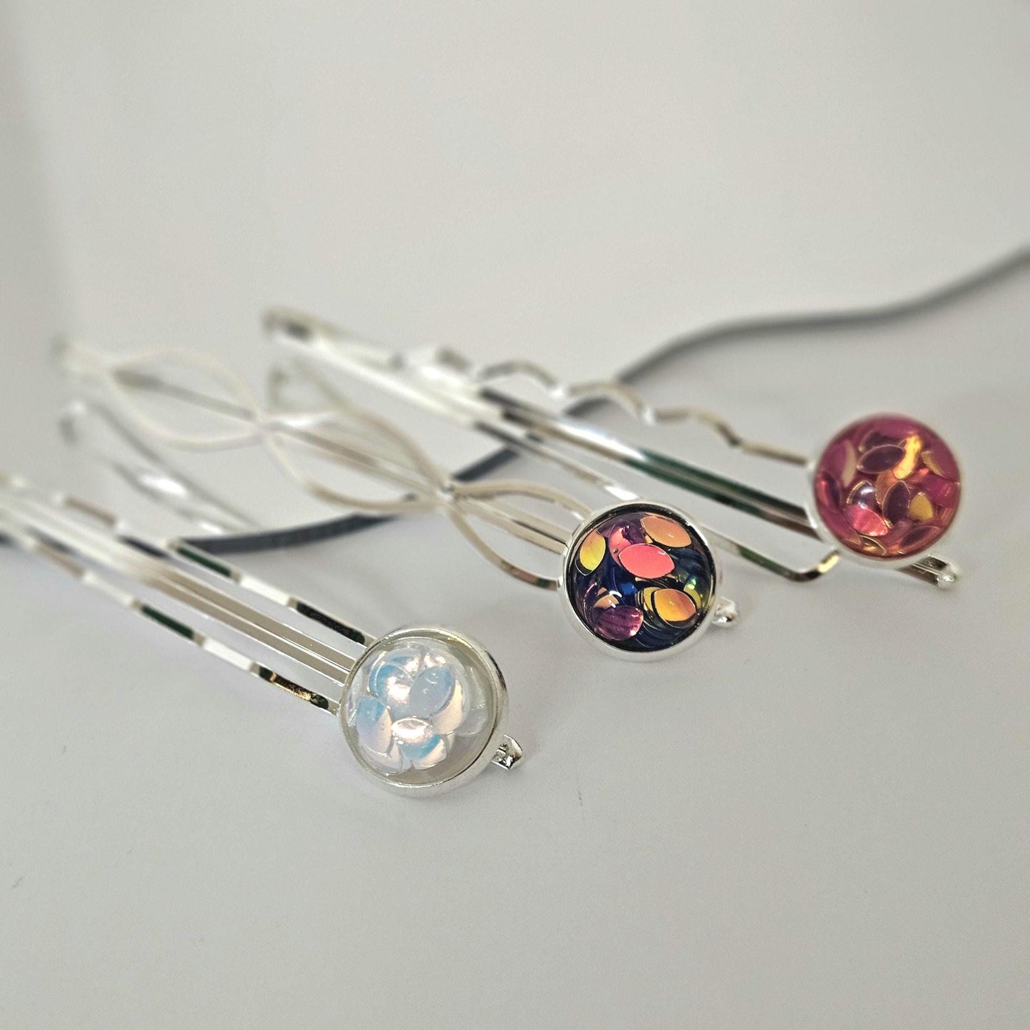 Iridescent Cabochon Bobby Pins: Silver Hair Slides for Thick Hair, set of 3