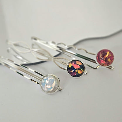 Iridescent Cabochon Bobby Pins: Silver Hair Slides for Thick Hair, set of 3