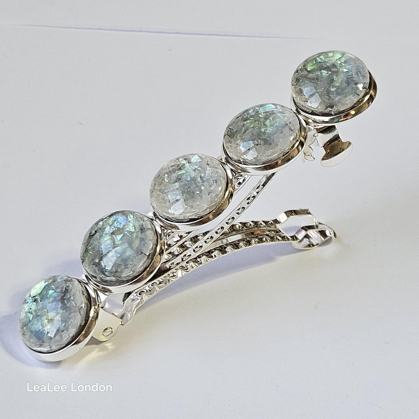 Iridescent Grey Marble Resin French Barrette: Silver Hair Clip