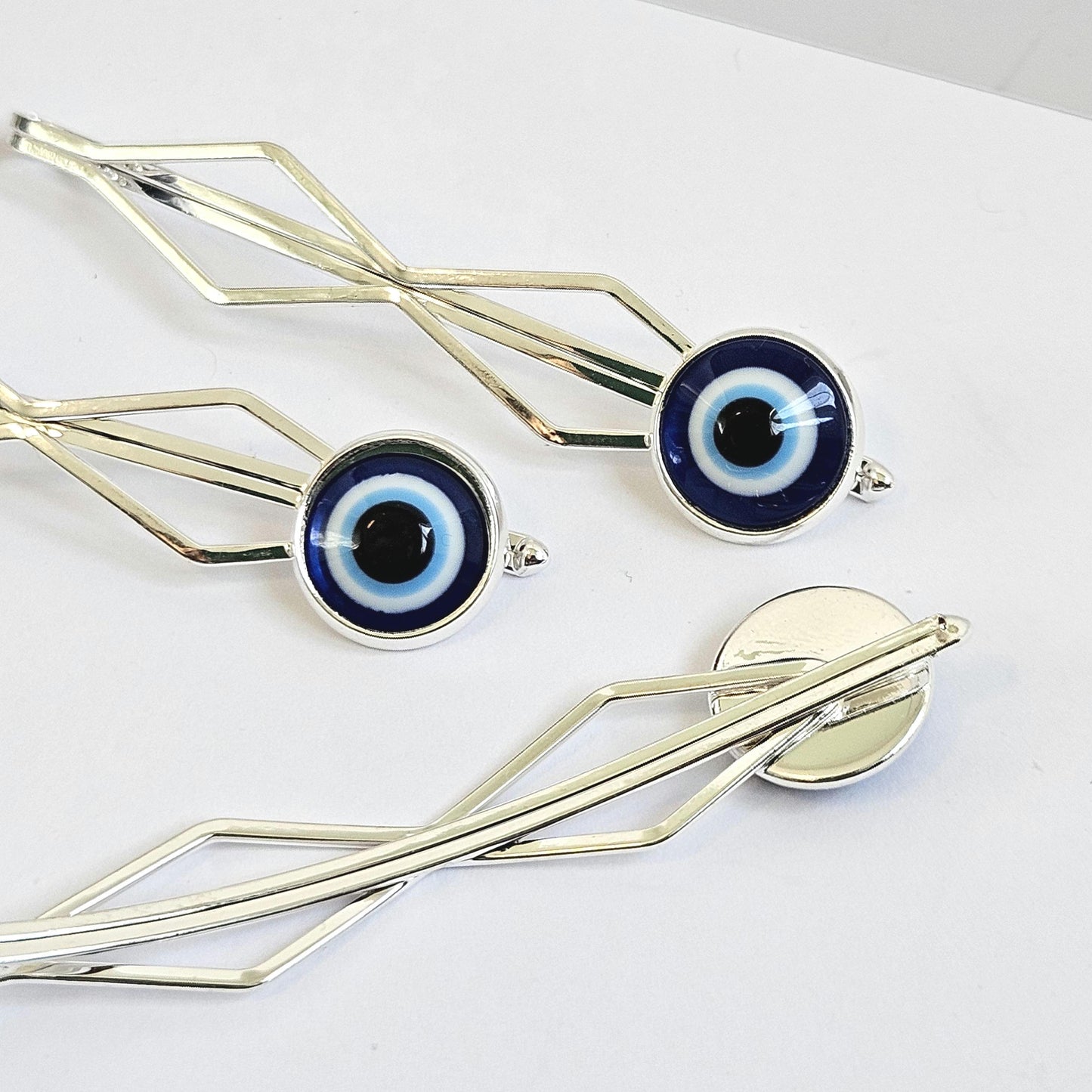 Evil eye decorative Bobby Pins: Silver Hair Slide Clips, Set of 3 for women.