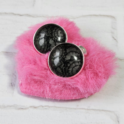 Black Flower Clip On Earrings, Silver Tone Cabochon, Non Pierced