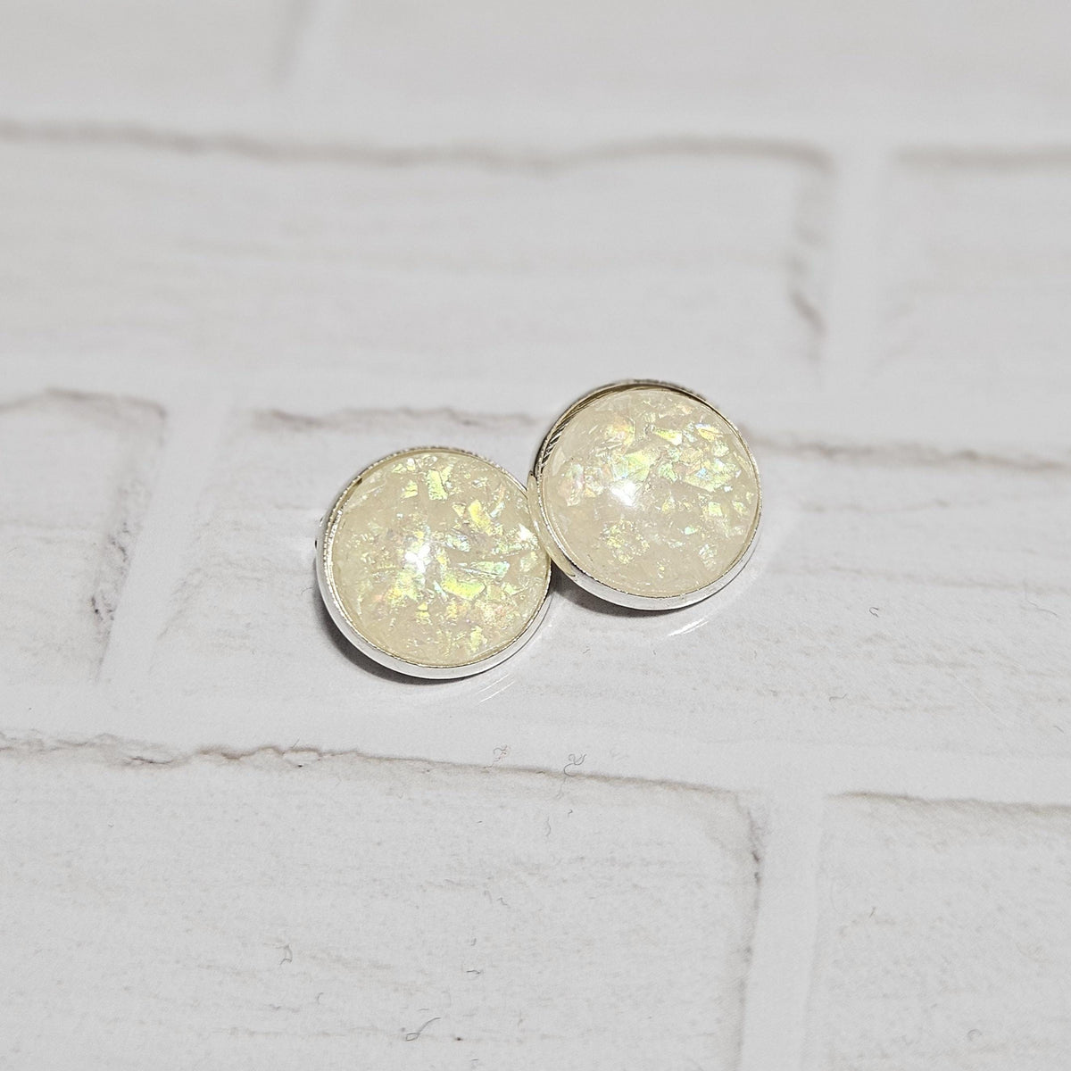 Iridescent Cabochon Clip-On Earrings in Silver Tone