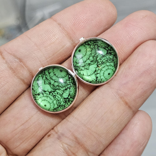 Green Flower Silver Clip On Earrings, Non Pierced Earrings, Handmade Cabochon Earrings, Statement Jewellery UK