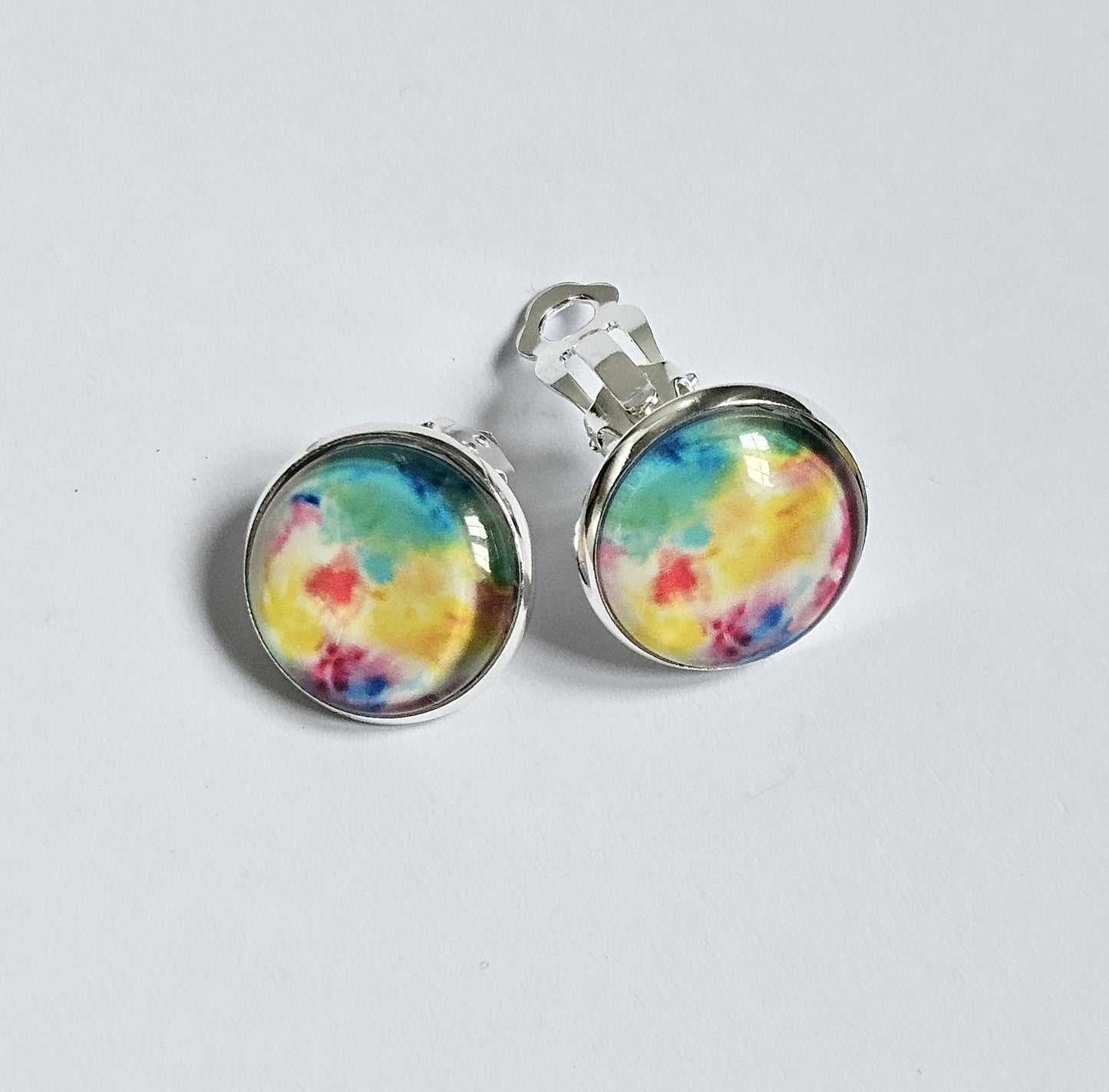Colourful Clip On Earrings, Non Pierced Ears, Handmade Round Stud Clip-ons, Lightweight Statement Jewellery