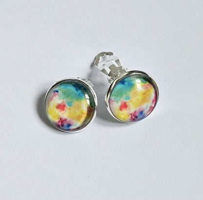 Colourful Clip On Earrings, Non Pierced Ears, Handmade Round Stud Clip-ons, Lightweight Statement Jewellery