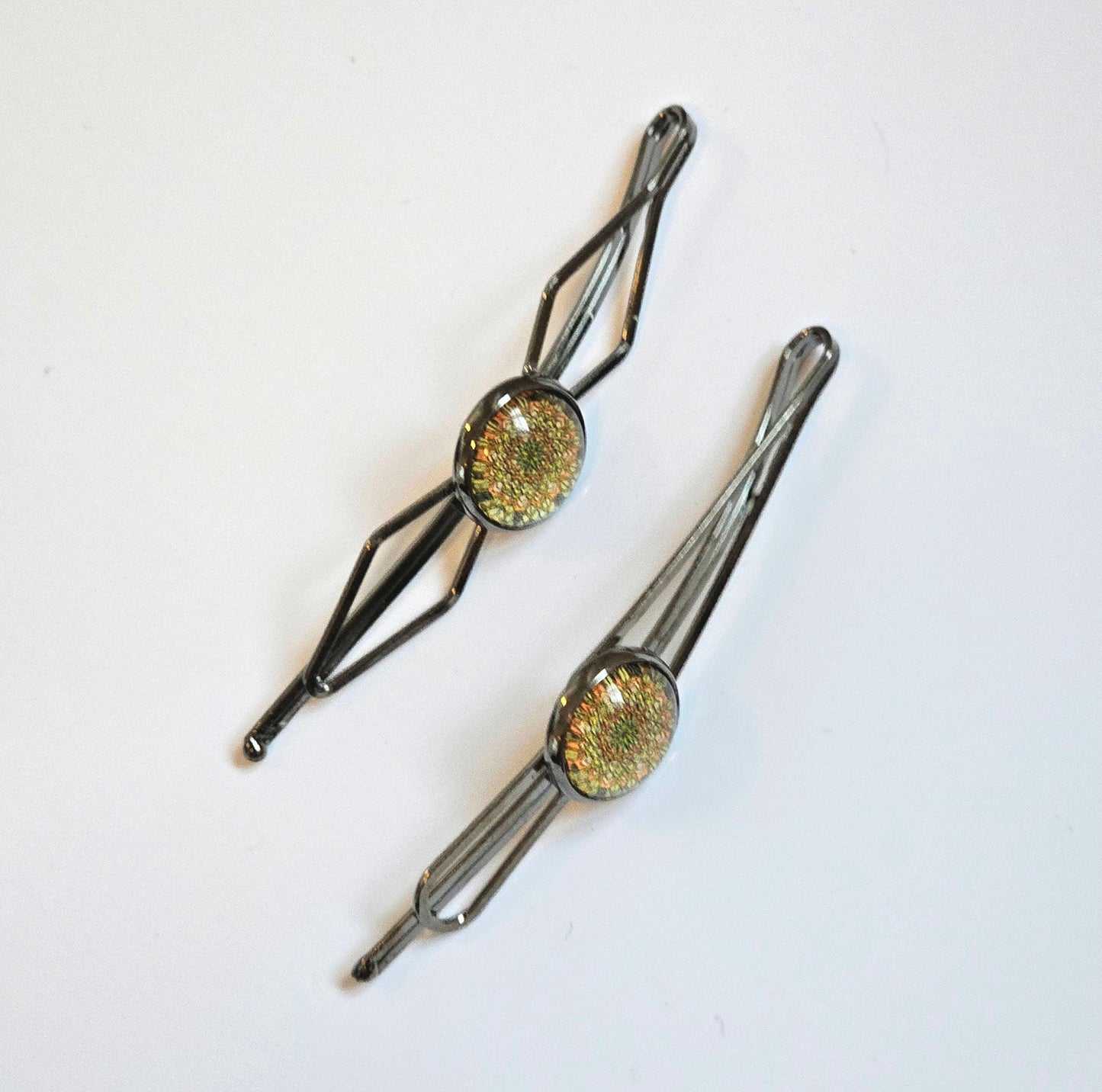 Black Bobby Pins Set of 2, Handmade Boho Mandala Cabochon Hair Clips, Statement Hair Accessories
