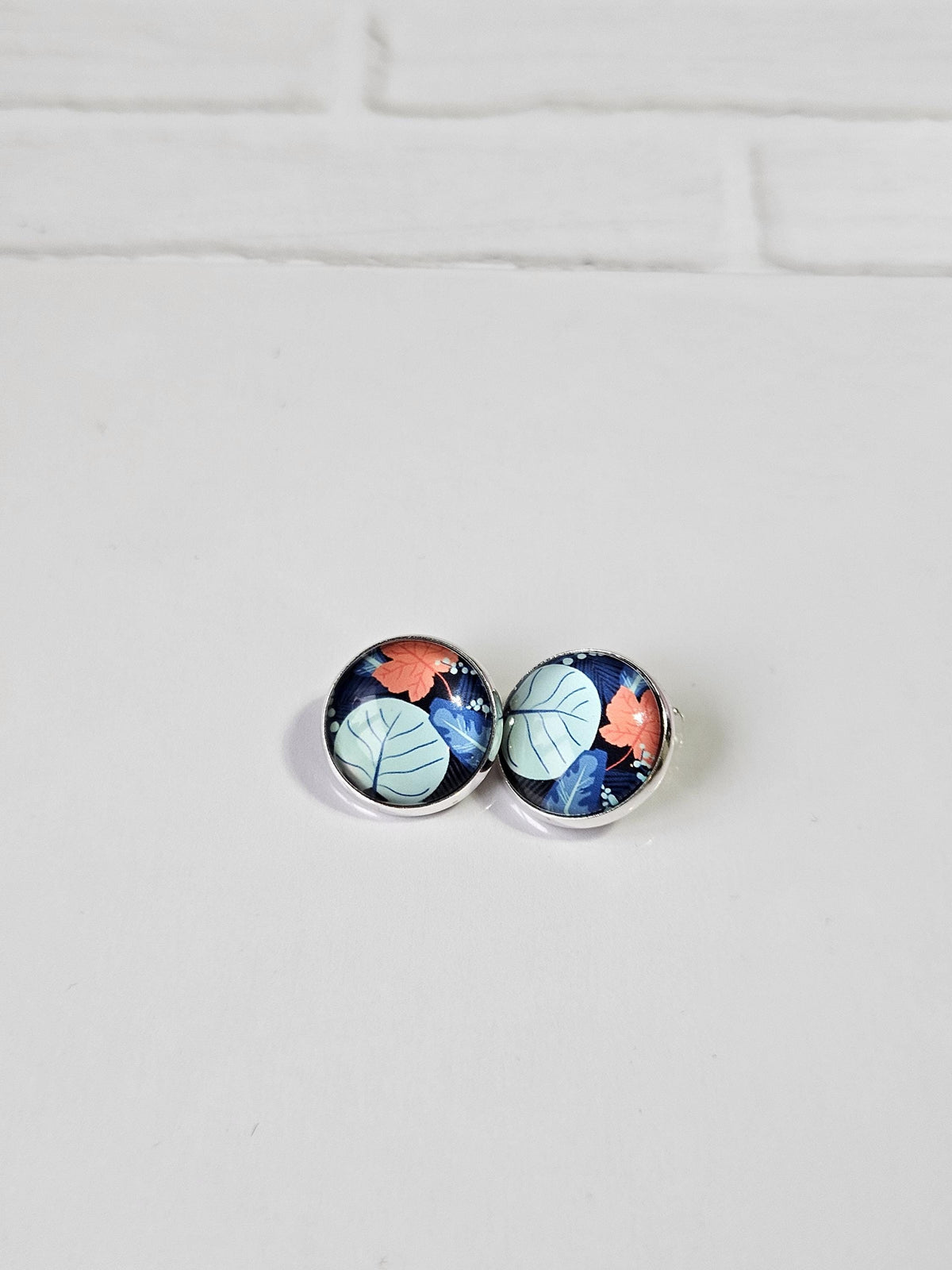 Blue Floral Clip-On Earrings | Silver Tone Cabochon, Non-Pierced