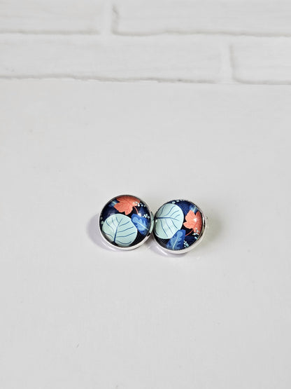 Blue Floral Clip-On Earrings | Silver Tone Cabochon, Non-Pierced