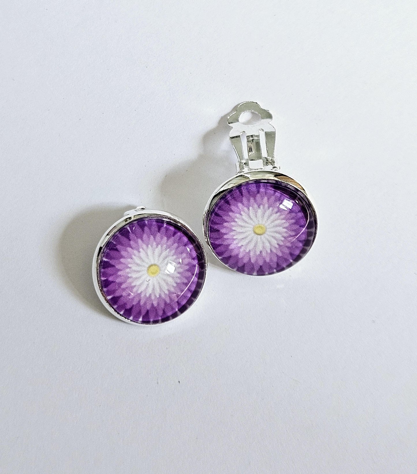 Purple Flower Clip-on Earrings: Silver Tone Copper Base