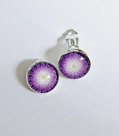 Purple Flower Clip-on Earrings: Silver Tone Copper Base
