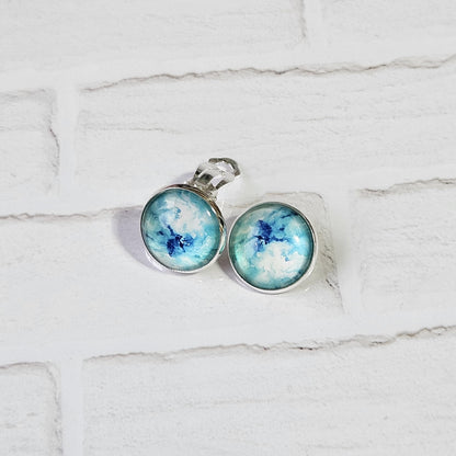 Blue Watercolour Clip-On Earrings – 16mm Cabochon | Non-Pierced | Hypoallergenic
