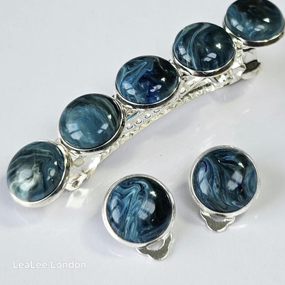 Marble Resin Hair Clip & Earring Set | Blue Green Cabochon | French Barrette | Clip-On Earrings | Handmade Silver Jewellery