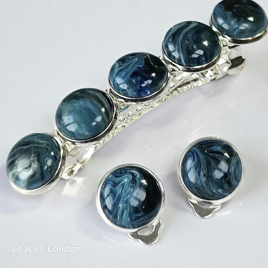 Marble Resin Hair Clip & Earring Set | Blue Green Cabochon | French Barrette | Clip-On Earrings | Handmade Silver Jewellery