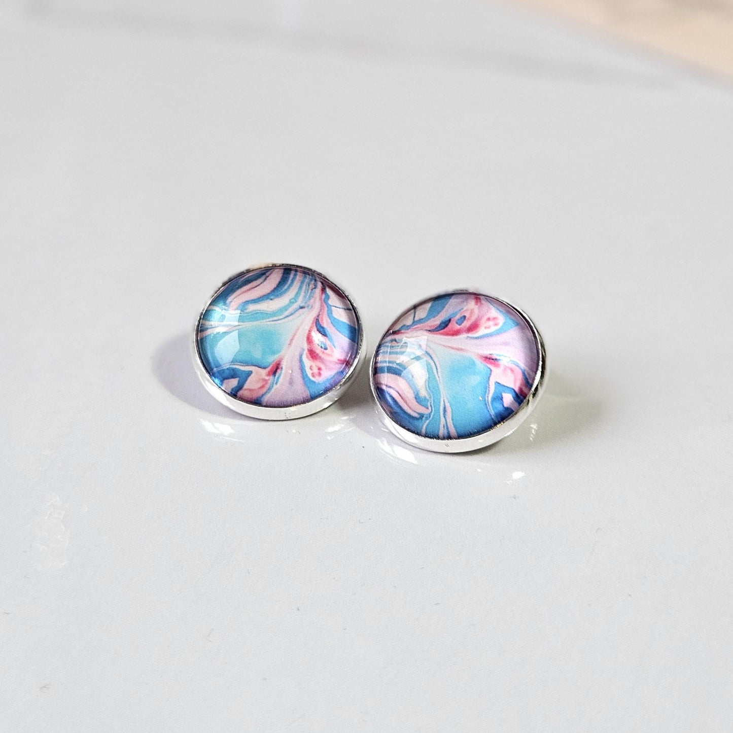 Pink & Blue Patterned Clip-On Earrings – 16mm Cabochon | Non-Pierced | Hypoallergenic