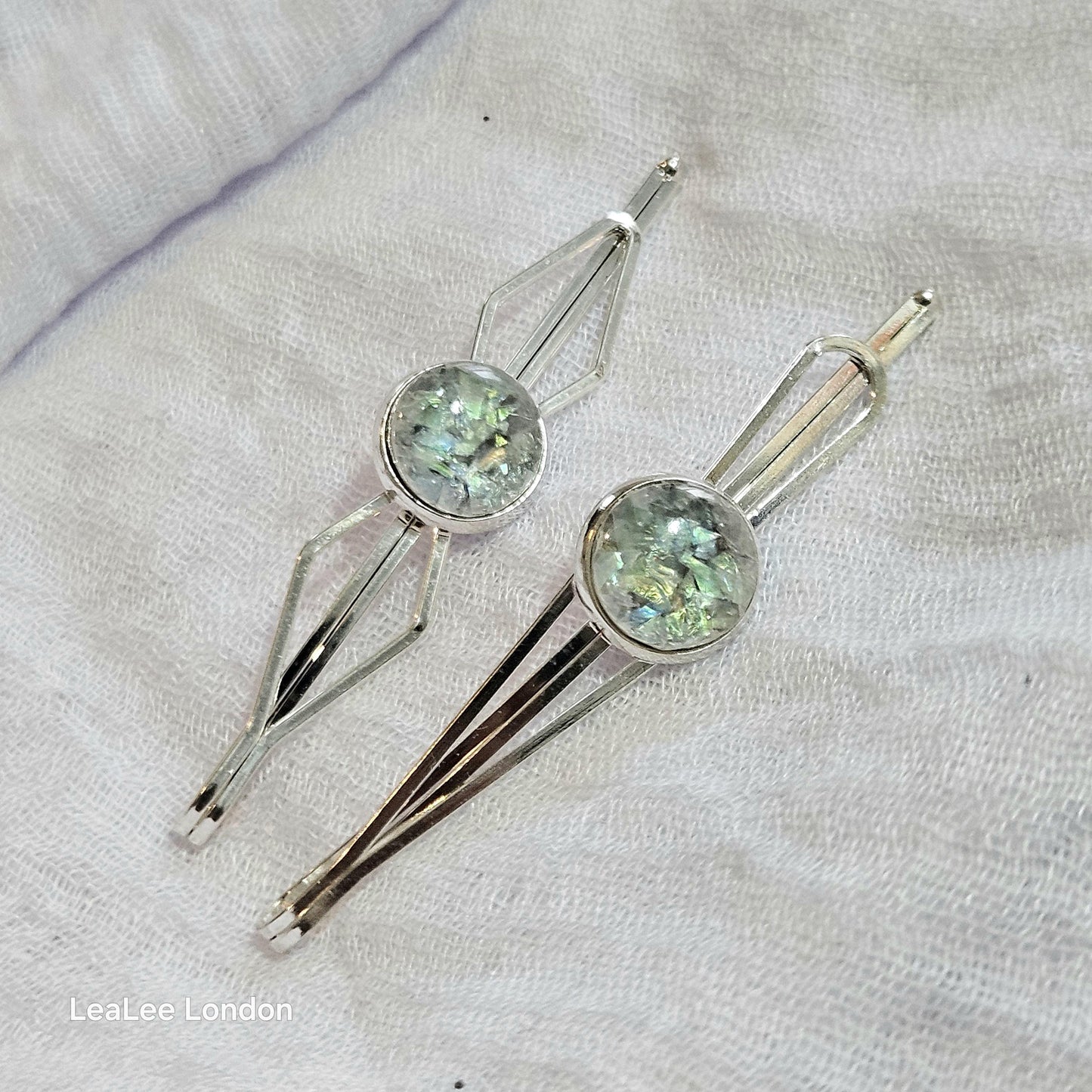 Iridescent Cabochon Hair Slides: Silver Hair Pins (Set of 2)