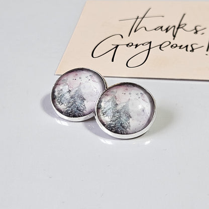 Pine Tree Watercolour Clip-On Earrings – 16mm Cabochon | Non-Pierced | Hypoallergenic
